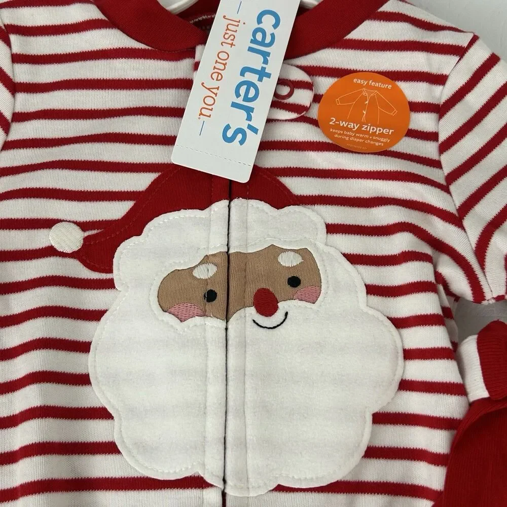 Carter’s Christmas Footed Pajamas Size 9M Set Hat Lot Santa Claus 2 Way Zipper